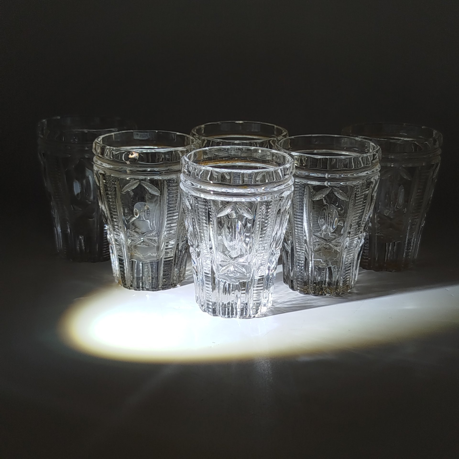 Набор из 6-ти стопок с геометрическим декором, стекло, пресс, СССР, 1970-1990 гг.