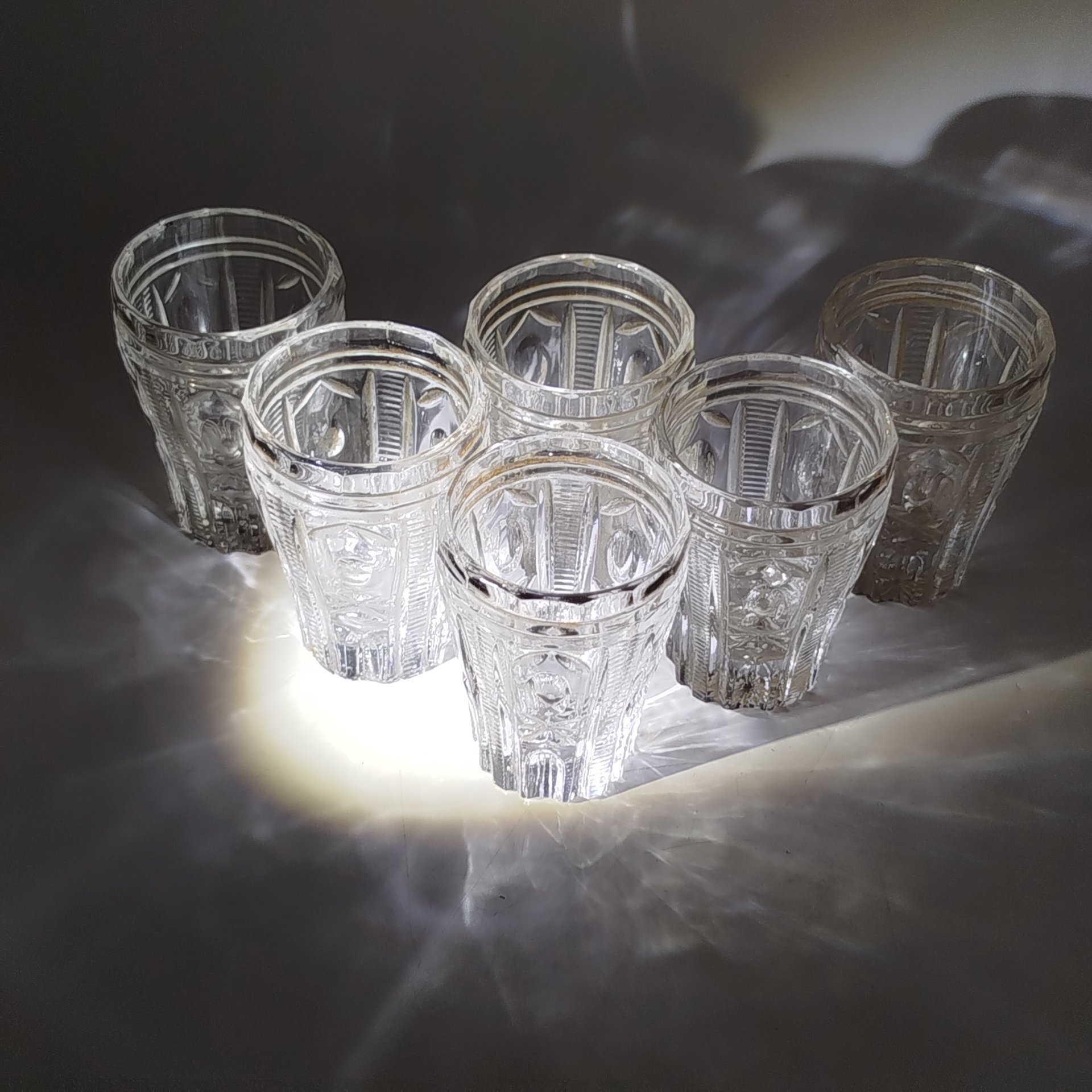 Набор из 6-ти стопок с геометрическим декором, стекло, пресс, СССР, 1970-1990 гг.