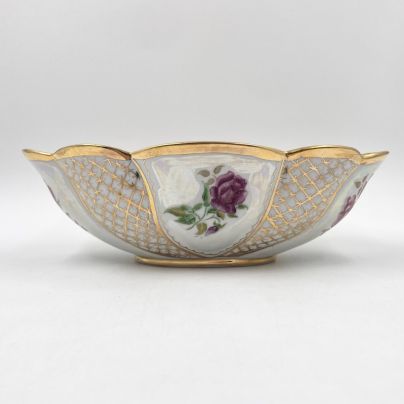 Салатник/конфетница (ёмкость для хранения) с флоральным декором, фарфор, деколь, золочение, СССР, 1970-1990 гг.