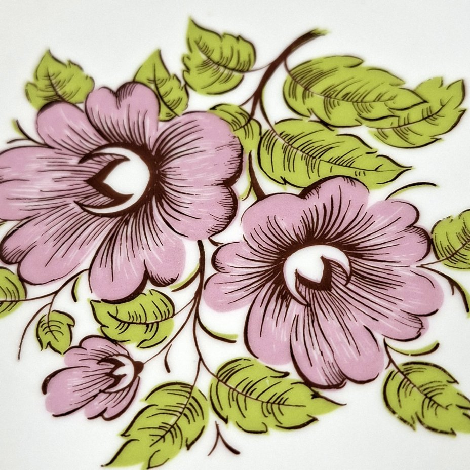 Блюдо круглое с ручками и цветочным декором в розово-зеленой гамме, фарфор, печать, Epiag Royal Czechoslovakia, Чехословакия, 1970-1990 гг.