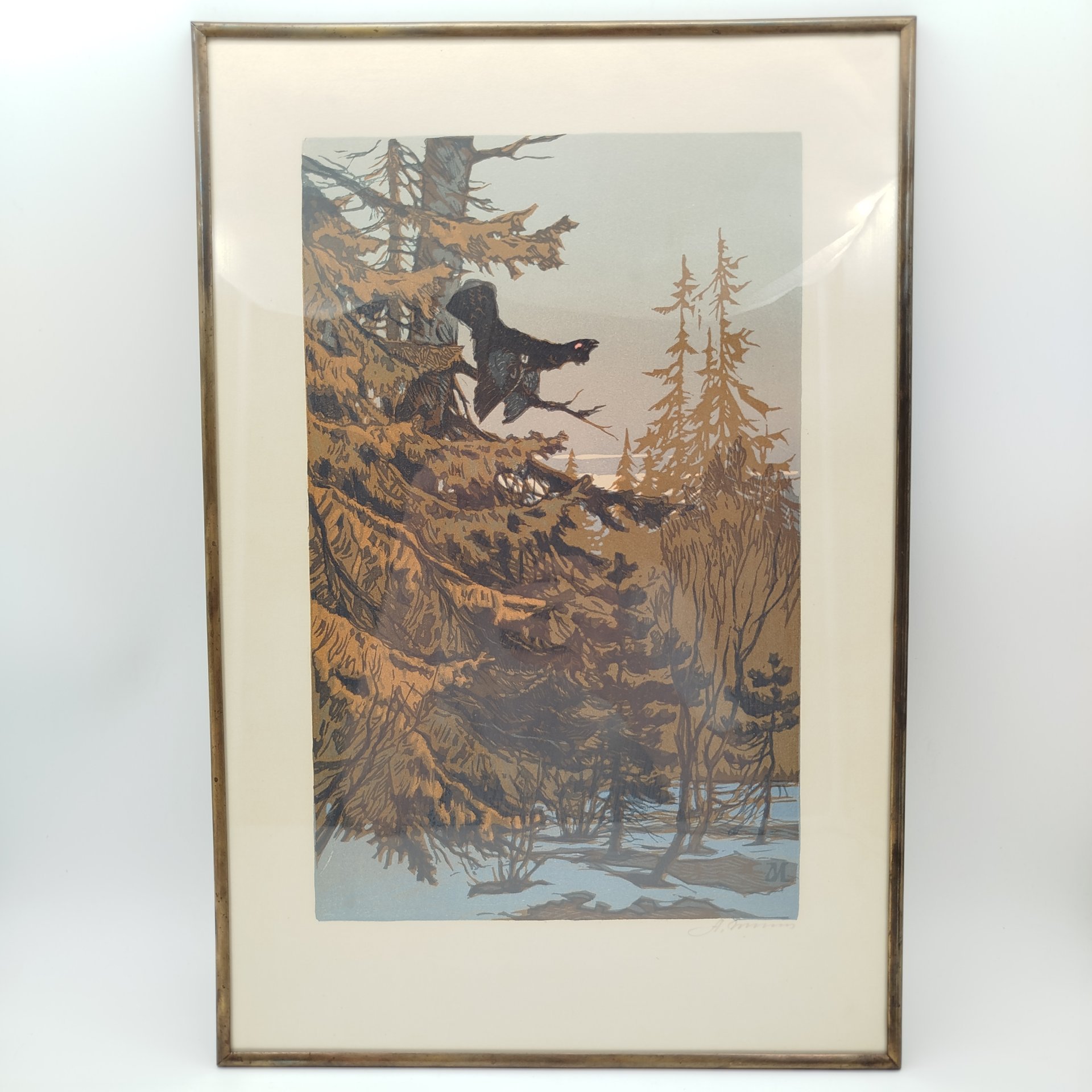 Гравюра "Весенняя песня" автор Иглин Александр Иванович, бумага, цветная линогравюра, металл, СССР, 1940-1960 гг.