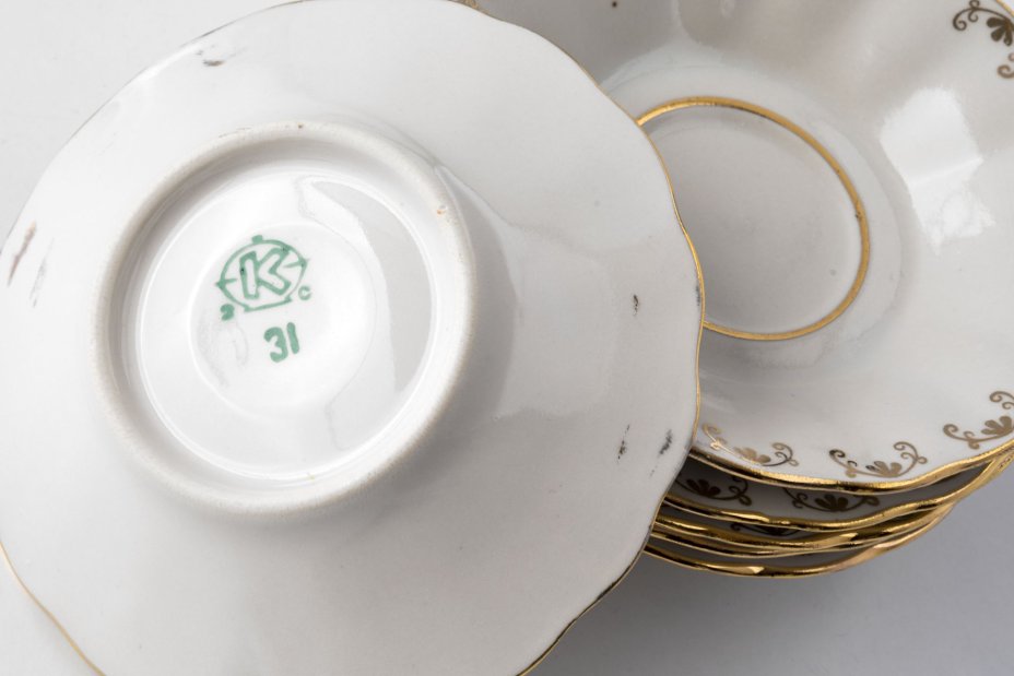 Набор из 6 розеток с золочёным орнаментом, Коростенский фарфоровый завод (КФЗ)