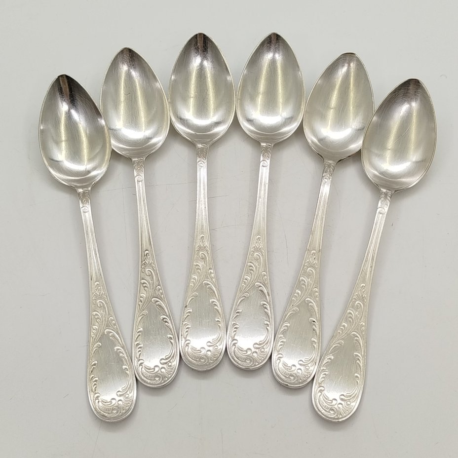Набор из 6-ти столовых ложек с растительным декором, мНЦ (медь-никель-цинк), Кольчугинский завод цветных металлов, СССР, 1950-1960 гг.