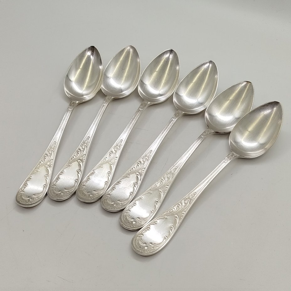 Набор из 6-ти столовых ложек с растительным декором, мНЦ (медь-никель-цинк), Кольчугинский завод цветных металлов, СССР, 1950-1960 гг.