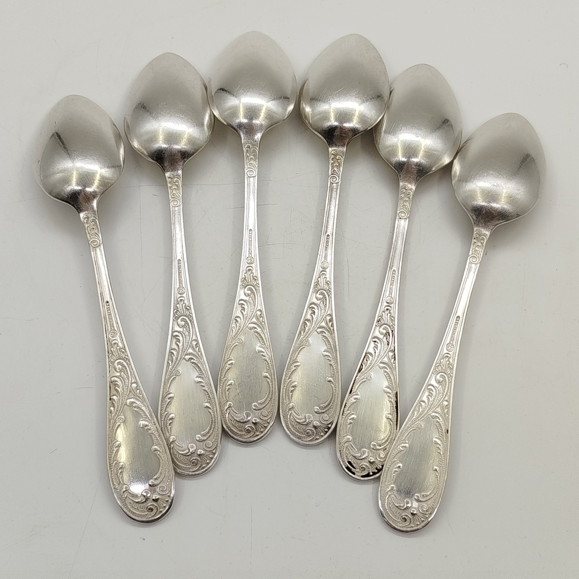 Набор из 6-ти столовых ложек с растительным декором, мНЦ (медь-никель-цинк), Кольчугинский завод цветных металлов, СССР, 1950-1960 гг.