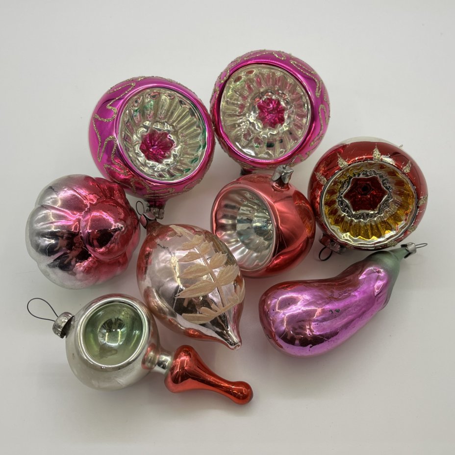 Набор ёлочных игрушек различных форм и расцветок (8 шт.), стекло, краска, металл, СССР, 1960-1990 гг.