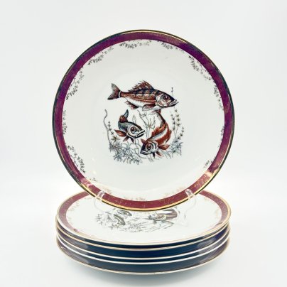 Набор тарелок на 6 персон, декорированный изображением рыб, фарфор, деколь, золочение, Hutschenreuther (Хутченройтер), Бавария, 1939-1964 гг.