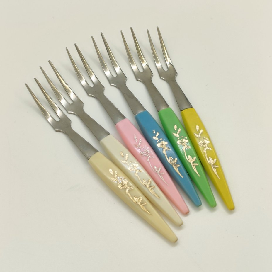 Набор вилок для лимона с разноцветными ручками и золотистым растительным орнаментом (6 шт.)