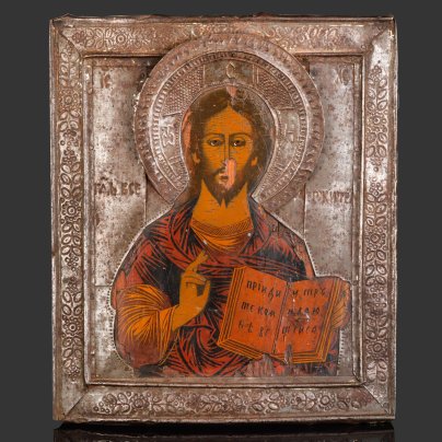 Икона в окладе "Господь Вседержитель", дерево, темпера, сплав металлов, Российская империя, 1880-1915 гг.