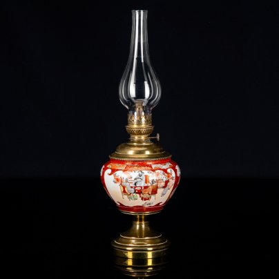 Лампа керосиновая в стили шинуазри, Brevetes L&B (Lempereur & Bernard), латунь, фарфор, роспись, стекло, Бельгия, 1930-1960 гг.