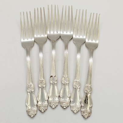 Набор из 6-ти столовых вилок с растительным декором, мНЦ (медь-никель-цинк), Кольчугинский завод цветных металлов, СССР, 1960-1980 гг.