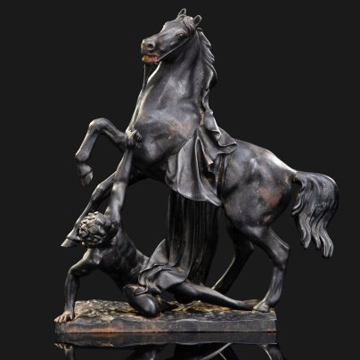 Скульптура "Конь с упавшим всадником", мастер А. Быков (по модели П.К. Клодта, уменьшенная копия скульптуры из "Укрощение коня" для Аничкова моста), чугун, крашение, Кусинский чугунолитейный завод (Куса), СССР, 1957 г.