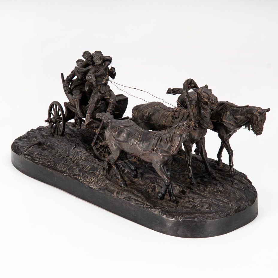 Скульптурная группа "Тройка зимой", автор модели Лансере Е.А., формовщик Самолин, чугун, крашение, Каслинский чугунолитейный завод (Касли), Российская империя, 1888 г.