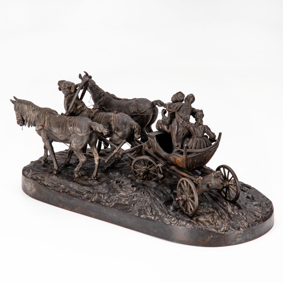 Скульптурная группа "Тройка зимой", автор модели Лансере Е.А., формовщик Самолин, чугун, крашение, Каслинский чугунолитейный завод (Касли), Российская империя, 1888 г.