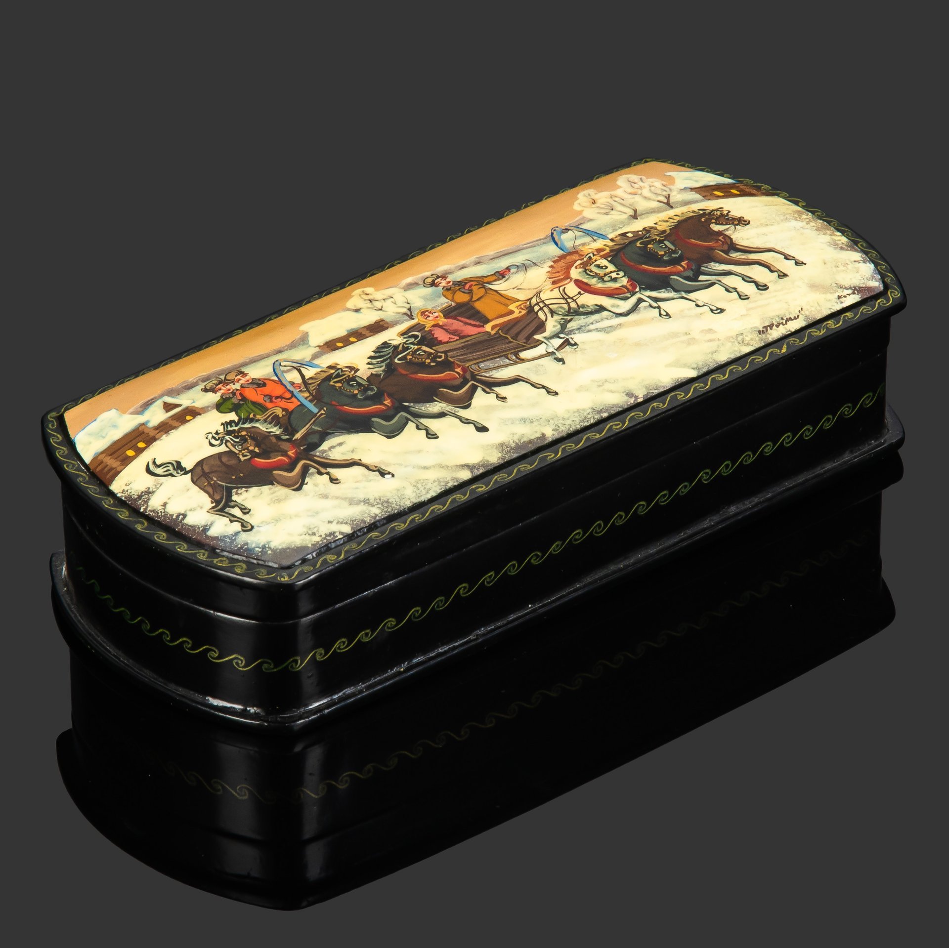 Шкатулка с лаковой миниатюрой "Тройки", автор Котов (?), папье-маше, темпера, лаки, 2010-2015 гг.