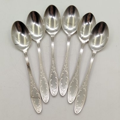Набор из 6-ти столовых ложек с растительным декором, мНЦ (медь-никель-цинк), Кольчугинский завод цветных металлов, СССР, 1950-1960 гг.