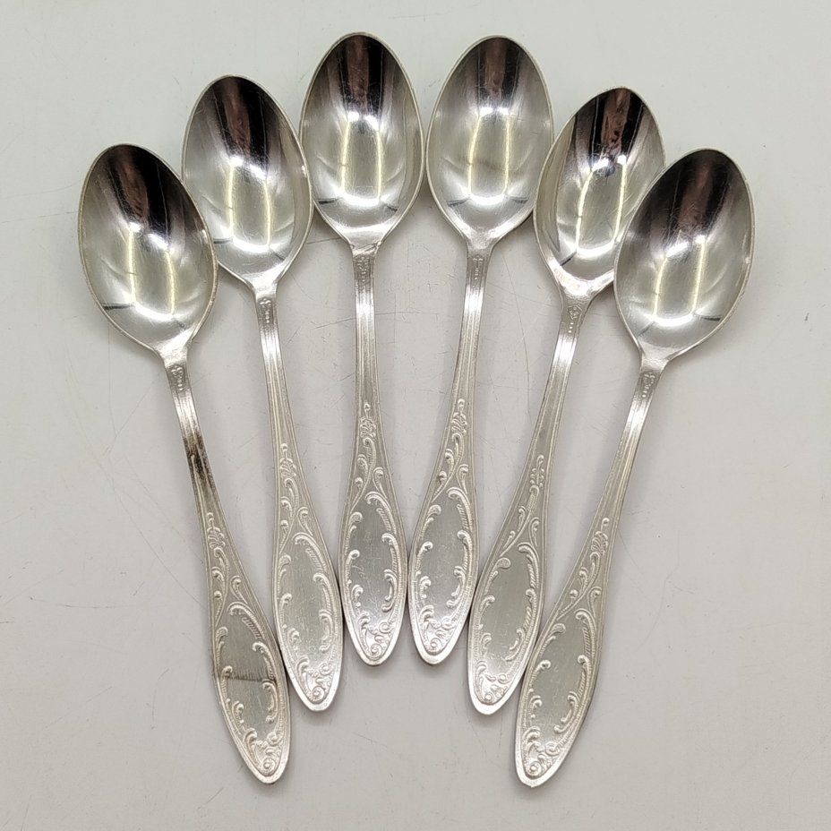 Набор из 6-ти столовых ложек с растительным декором, мНЦ (медь-никель-цинк), Кольчугинский завод цветных металлов, СССР, 1950-1960 гг.