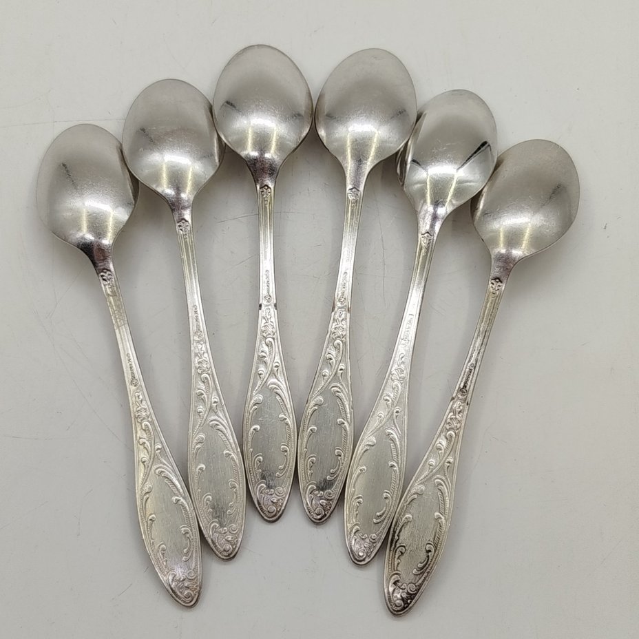 Набор из 6-ти столовых ложек с растительным декором, мНЦ (медь-никель-цинк), Кольчугинский завод цветных металлов, СССР, 1950-1960 гг.