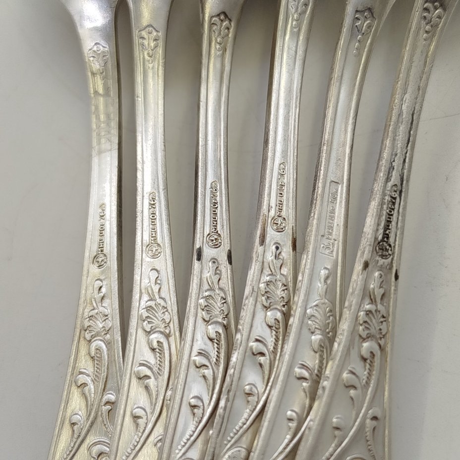 Набор из 6-ти столовых ложек с растительным декором, мНЦ (медь-никель-цинк), Кольчугинский завод цветных металлов, СССР, 1950-1960 гг.