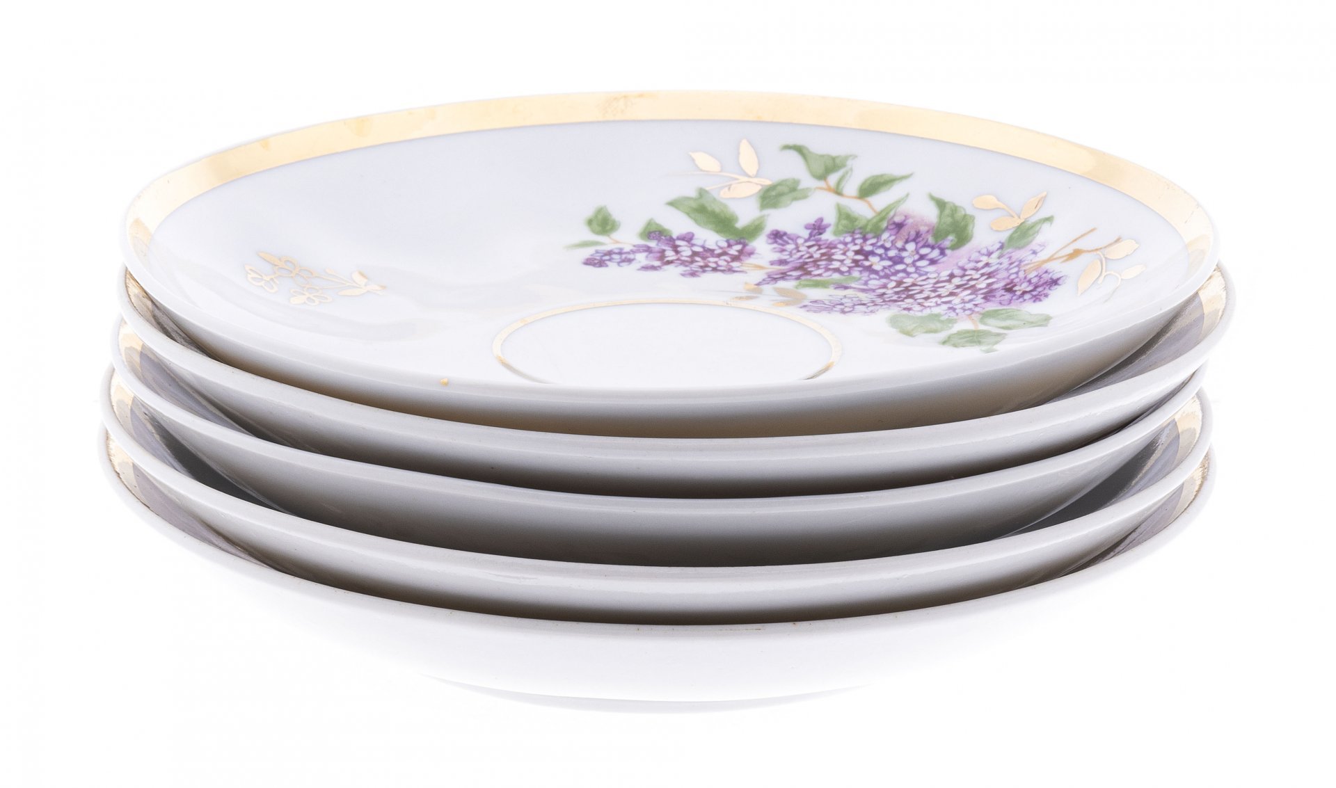 Набор из пяти блюдец "Сирень", фарфор, роспись, золочение, Дулевский фарфоровый завод, СССР, 1968-1991 гг., Дулевский фарфоровый завод (Дулёво)