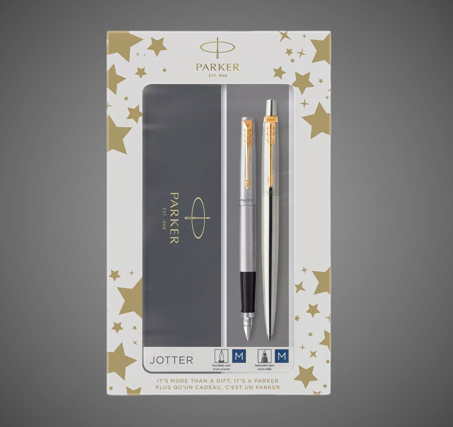 Подарочный набор из 2-х ручек Parker Jotter Stainless Steel GT перьевая и шариковая ручки в подарочной упаковке, Металлы: нержавеющая сталь