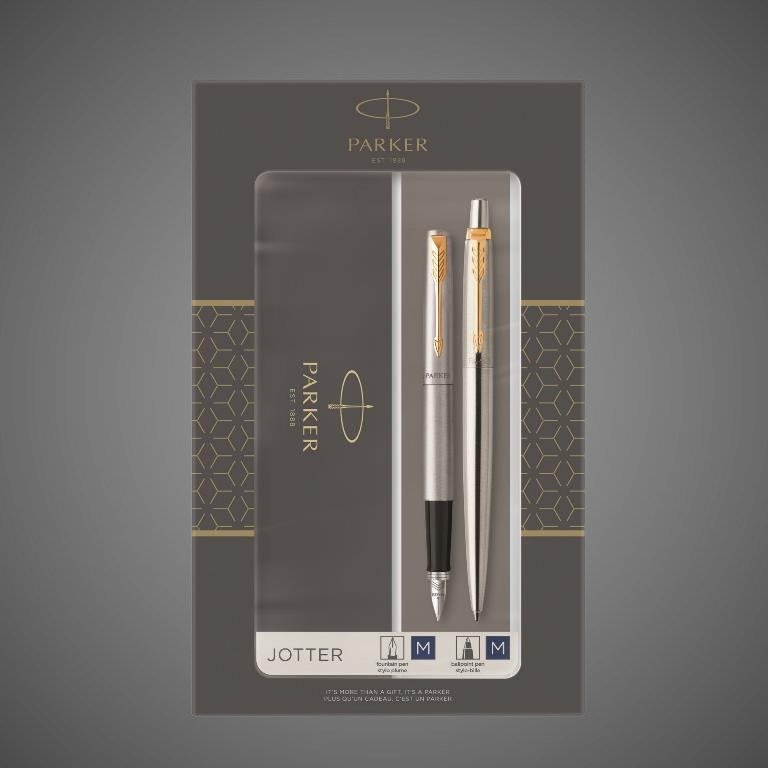 Подарочный набор из 2-х ручек Parker Jotter Stainless Steel GT перьевая и шариковая ручки в подарочной упаковке, Металлы: нержавеющая сталь