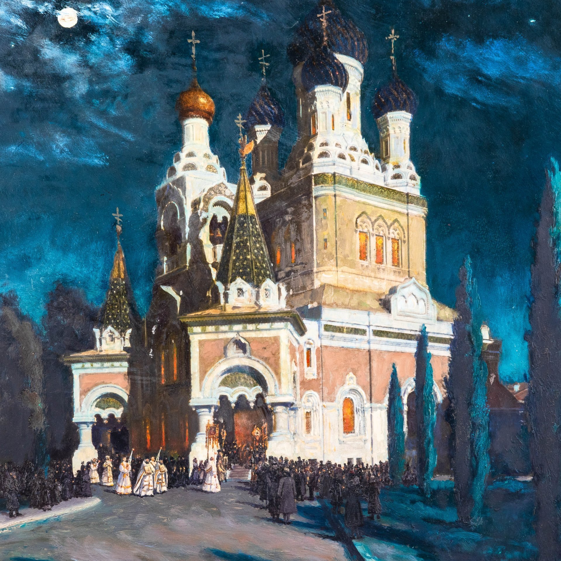Картина "Собор святителя Николая Чудотворца в Ницце. Ночная служба", оформленная в раму, подпись "Плетневъ", картон, масло