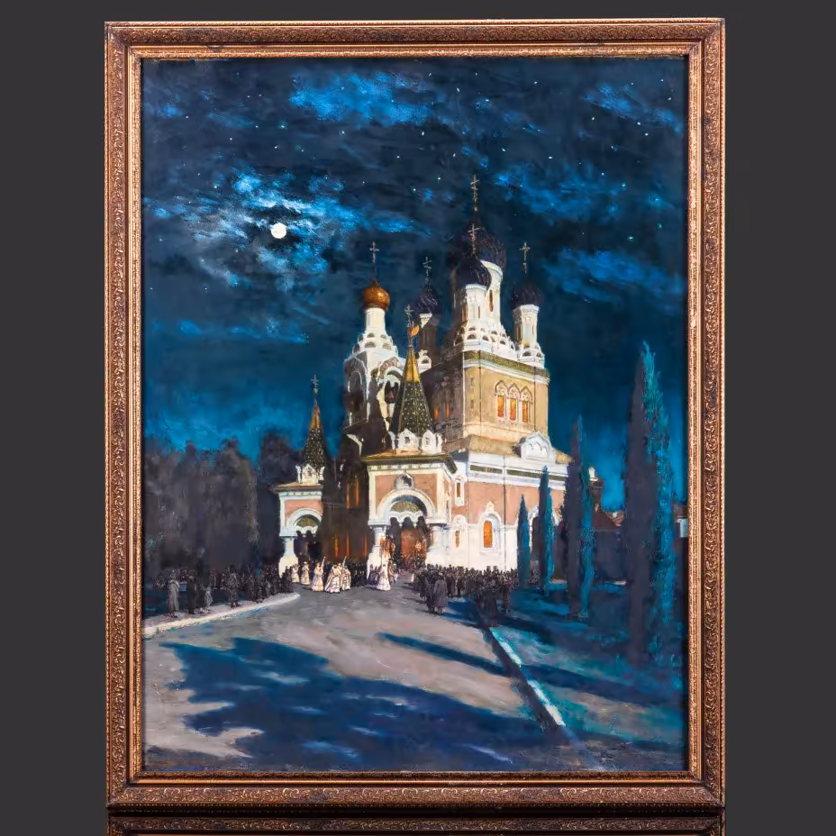 Картина "Собор святителя Николая Чудотворца в Ницце. Ночная служба", оформленная в раму, подпись "Плетневъ", картон, масло
