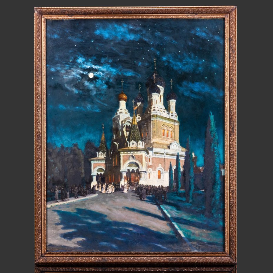Картина "Собор святителя Николая Чудотворца в Ницце. Ночная служба", оформленная в раму, подпись "Плетневъ", картон, масло