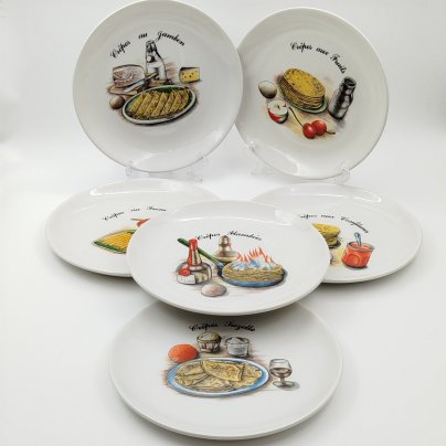 Набор из 6-ти тарелок, украшенных изображением разных блюд, Orchies Moulin des Loups, фаянс, деколь, Франция, 1930-1960 гг.