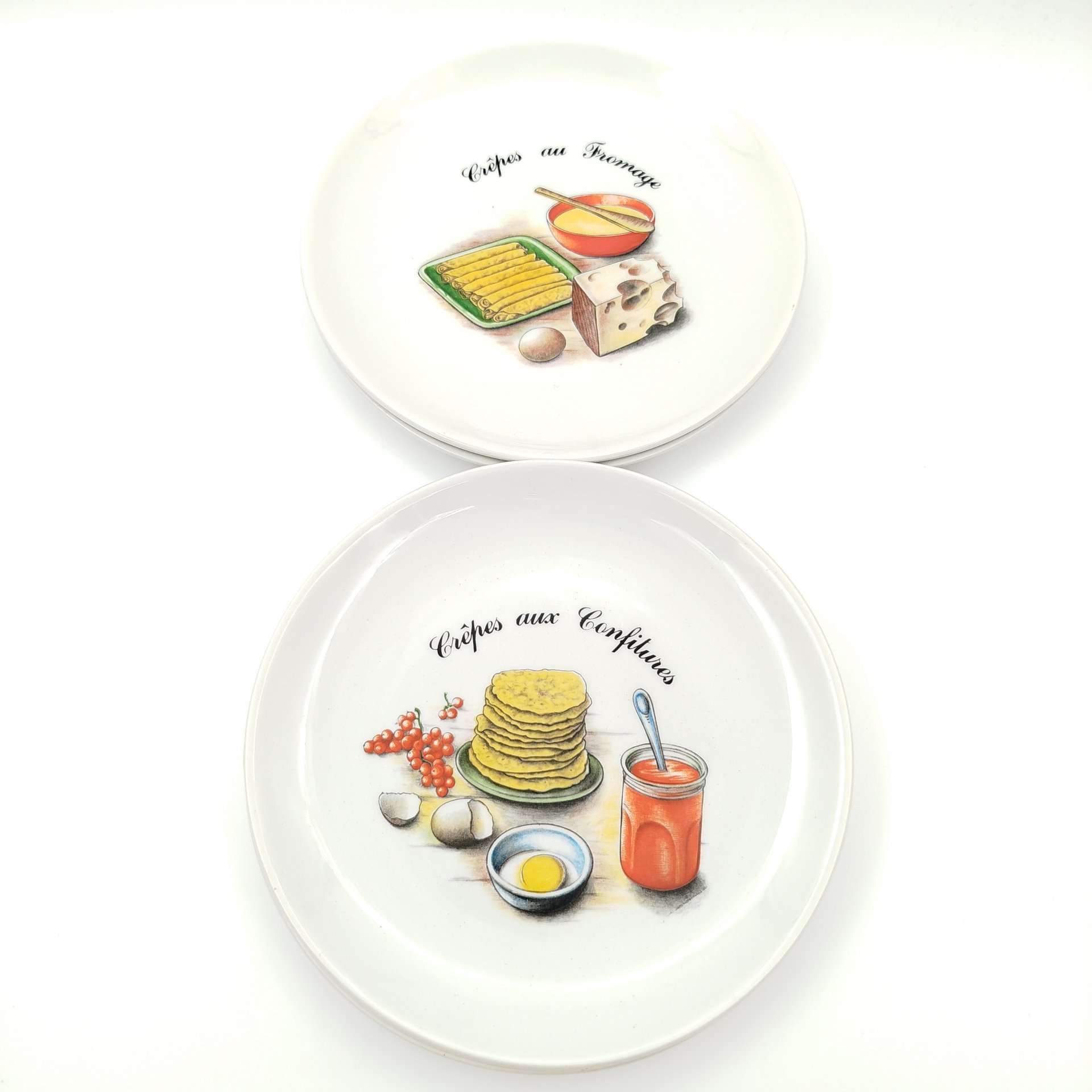 Набор из 6-ти тарелок, украшенных изображением разных блюд, Orchies Moulin des Loups, фаянс, деколь, Франция, 1930-1960 гг.