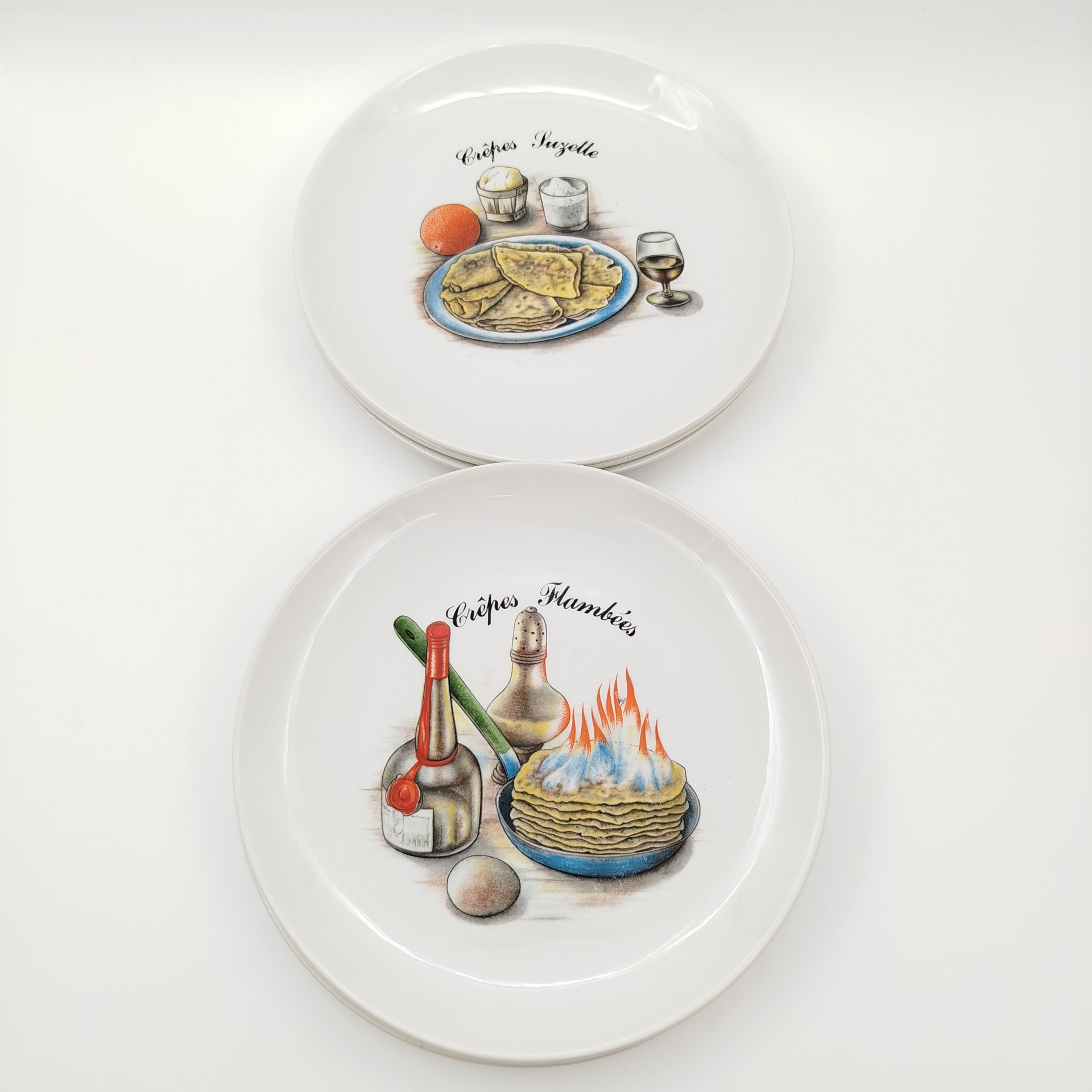 Набор из 6-ти тарелок, украшенных изображением разных блюд, Orchies Moulin des Loups, фаянс, деколь, Франция, 1930-1960 гг.