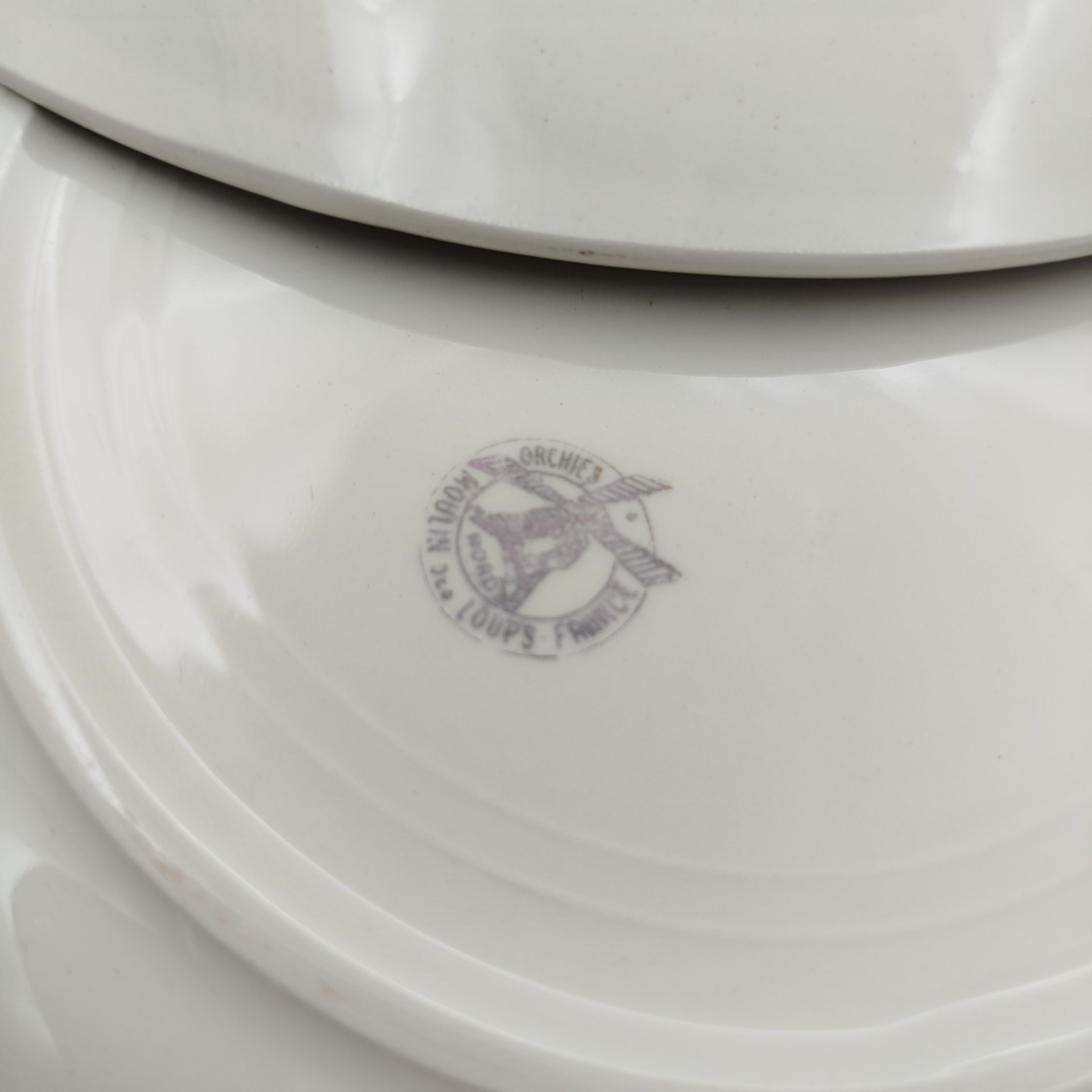 Набор из 6-ти тарелок, украшенных изображением разных блюд, Orchies Moulin des Loups, фаянс, деколь, Франция, 1930-1960 гг.