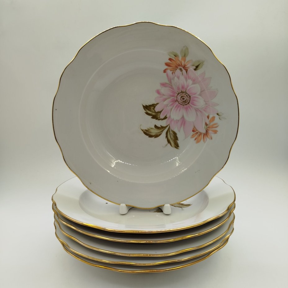Набор из шести суповых тарелок с цветочным декором, фарфор, деколь, золочение, Дулевский фарфоровый завод (Дулёво), СССР, 1990 г.