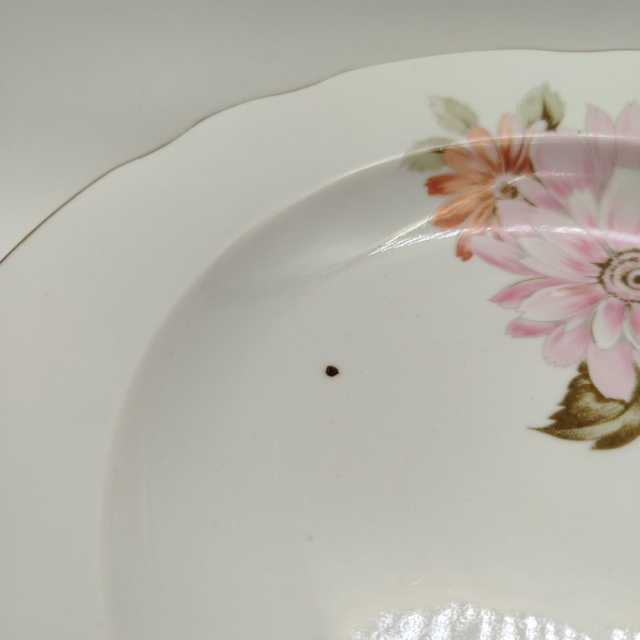 Набор из шести суповых тарелок с цветочным декором, фарфор, деколь, золочение, Дулевский фарфоровый завод (Дулёво), СССР, 1990 г.