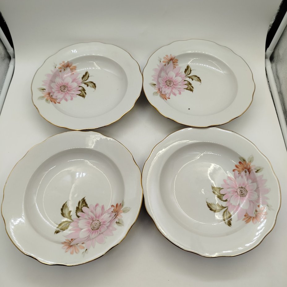 Набор из шести суповых тарелок с цветочным декором, фарфор, деколь, золочение, Дулевский фарфоровый завод (Дулёво), СССР, 1990 г.