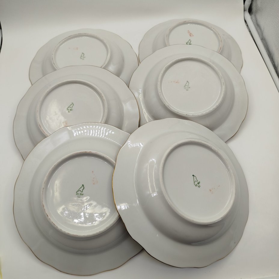 Набор из шести суповых тарелок с цветочным декором, фарфор, деколь, золочение, Дулевский фарфоровый завод (Дулёво), СССР, 1990 г.