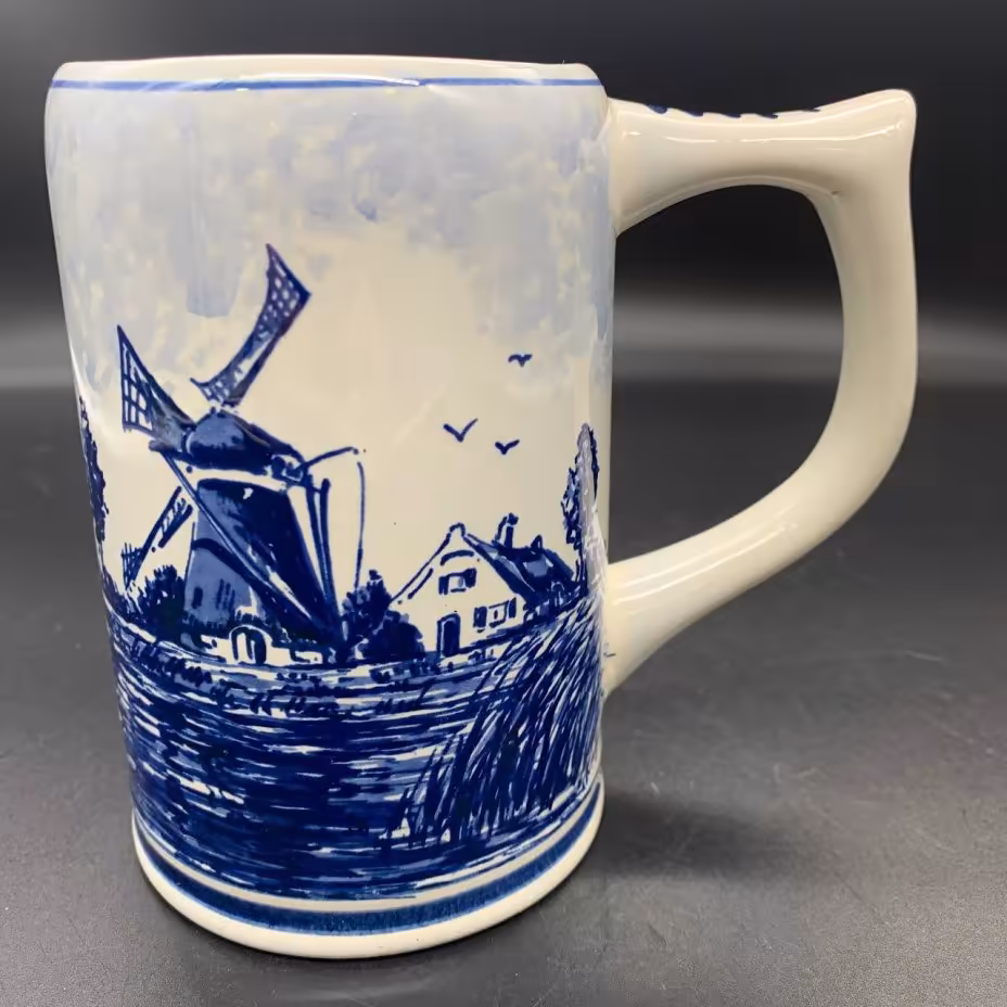 Пившая кружка с голландским пейзажем, Delfts Blauw