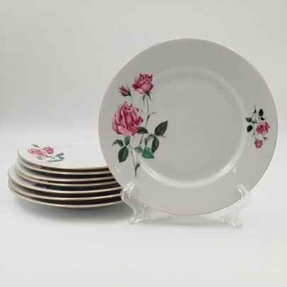 Набор десертных и пирожковых тарелок с цветочным декором на 4 персоны (8 тарелок), фарфор, деколь, золочение, Moritz Zdekauer (MZ), Чехословакия, 1970-1990 гг.