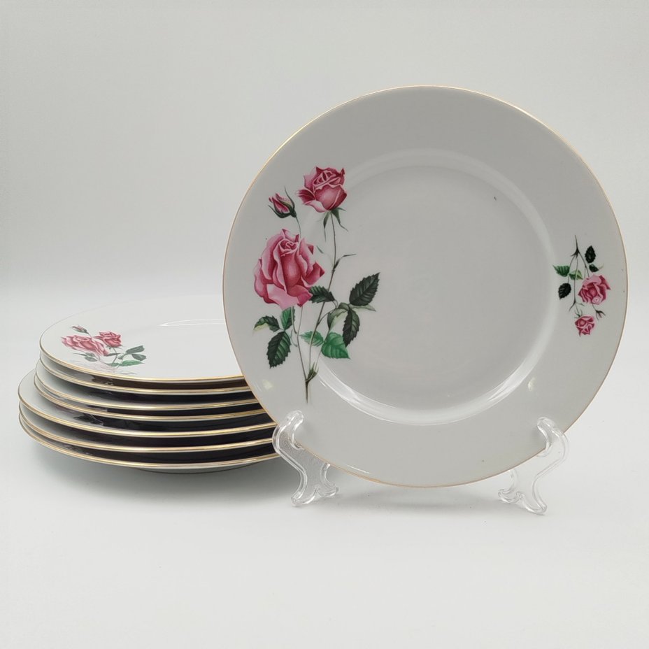 Набор десертных и пирожковых тарелок с цветочным декором на 4 персоны (8 тарелок), фарфор, деколь, золочение, Moritz Zdekauer (MZ), Чехословакия, 1970-1990 гг.