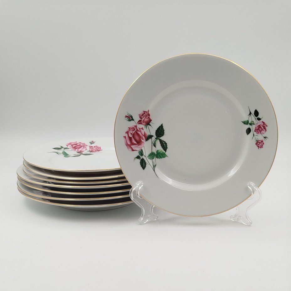 Набор десертных и пирожковых тарелок с цветочным декором на 4 персоны (8 тарелок), фарфор, деколь, золочение, Moritz Zdekauer (MZ), Чехословакия, 1970-1990 гг.
