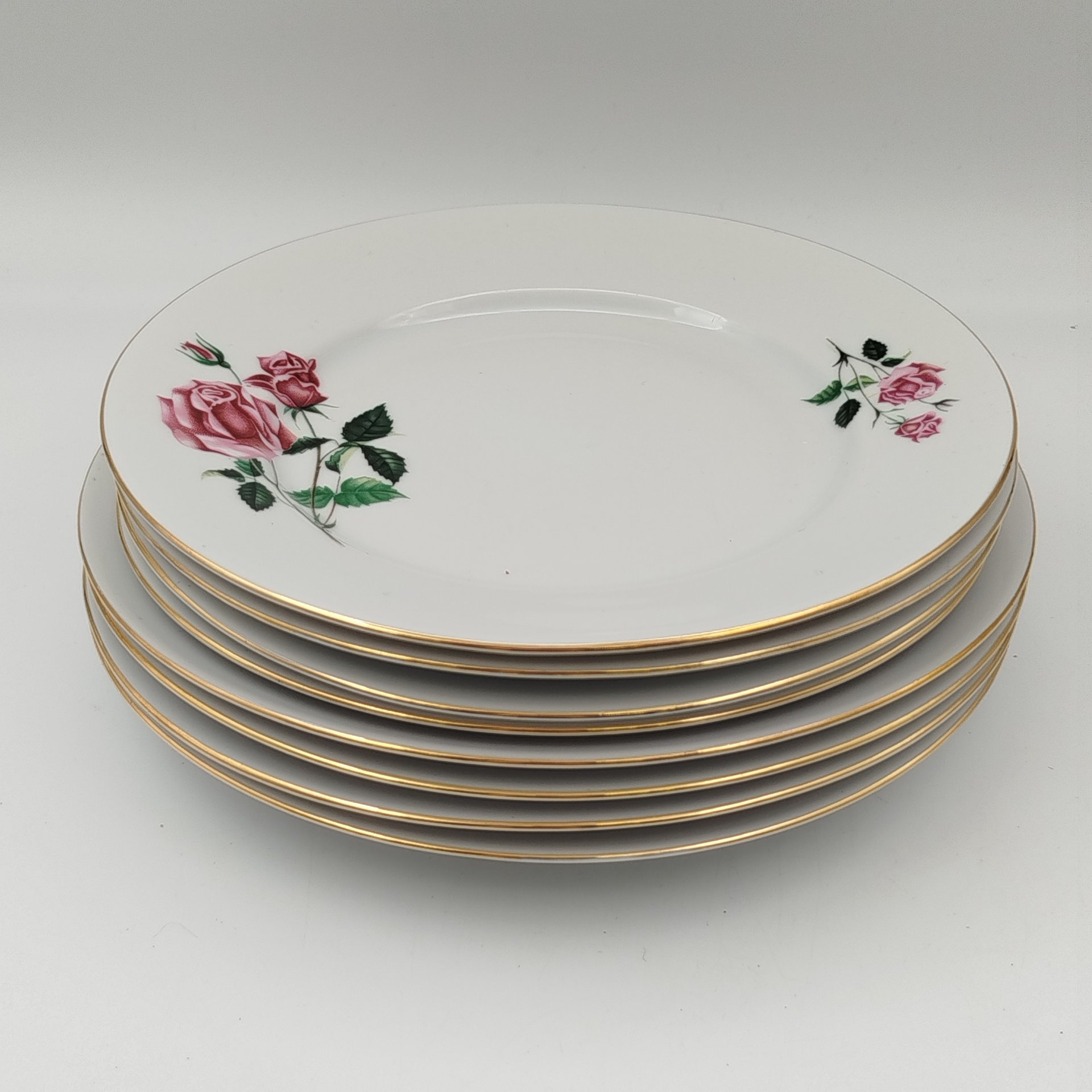Набор десертных и пирожковых тарелок с цветочным декором на 4 персоны (8 тарелок), фарфор, деколь, золочение, Moritz Zdekauer (MZ), Чехословакия, 1970-1990 гг.