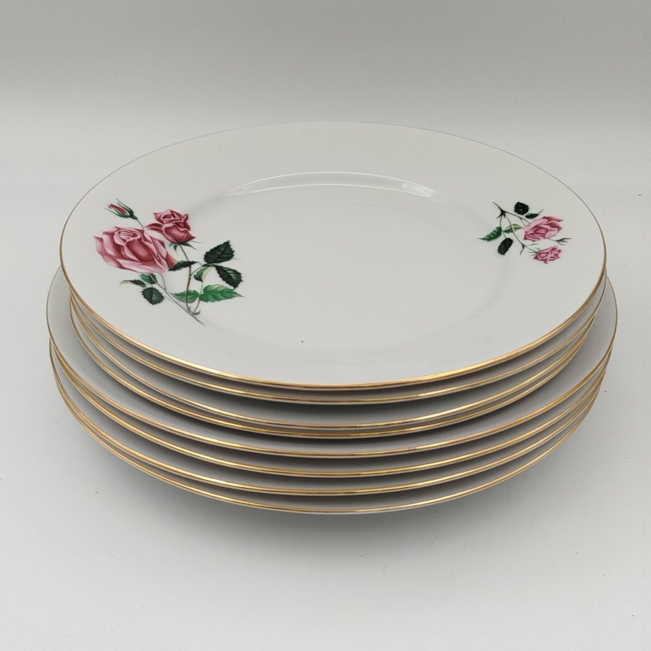 Набор десертных и пирожковых тарелок с цветочным декором на 4 персоны (8 тарелок), фарфор, деколь, золочение, Moritz Zdekauer (MZ), Чехословакия, 1970-1990 гг.