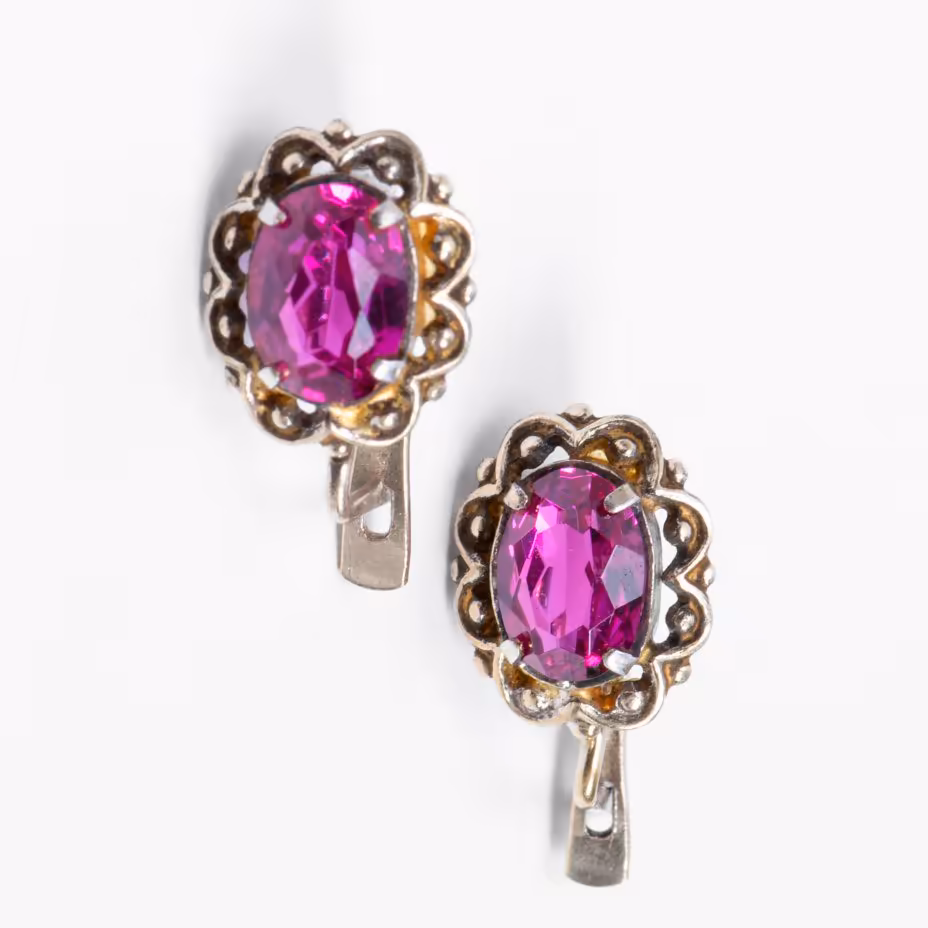 Серьги винтажные с малиновыми вставками, серебро 875 пр., СССР, 1977 г.
