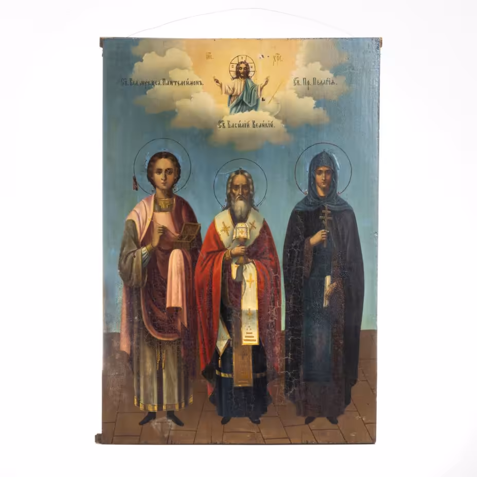 Икона "Св. великомученик и целитель Пантелеймон, св. Василий Великий и св. преподобная Пелагея"