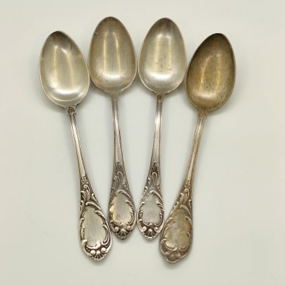 Набор из 4-х десертных ложек с растительным декором (в подборе), мНЦ (медь-никель-цинк), Вольнянский завод столовых приборов им. Шевченко (ЗiШ, ЗиШ), СССР, 1960-1990 гг.