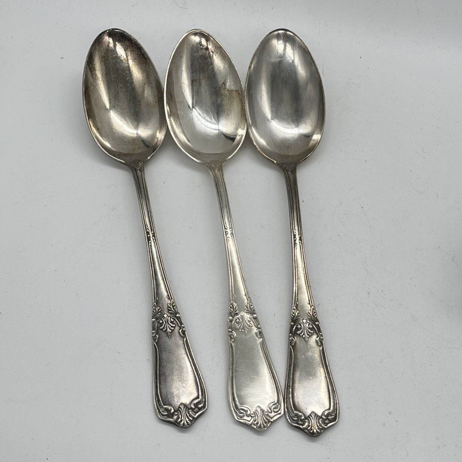 Набор из 3 столовых ложек с растительным декором на ручках, мНЦ (медь-никель-цинк), Киевский завод столовых приборов и посуды им. Дзержинского (ЗiД, ЗиД), СССР, 1950 г.