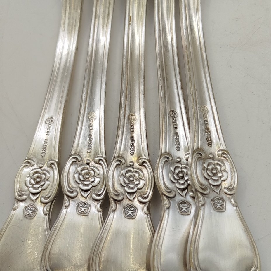 Набор из пяти вилок "Серебряная роза", мНЦ (медь-никель-цинк), Кольчугинский завод цветных металлов, СССР, 1960-1990 гг.