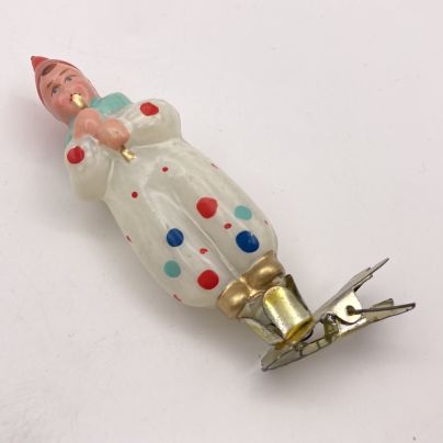 Ёлочная игрушка "Клоун с дудочкой", стекло, роспись, металл, Завод стеклянных ёлочных украшений и оптических изделий, г. Москва, СССР, 1950-1960 гг.