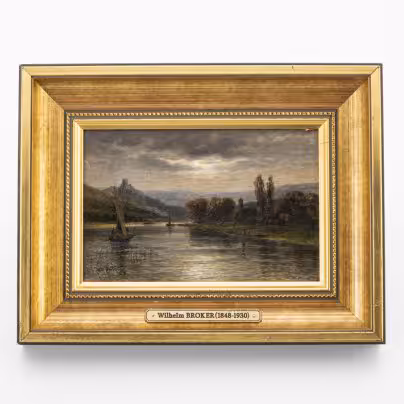 Картина "Речной пейзаж на закате дня", художник Вильгельм Брокер (1848-1930 гг.), с экспертизой